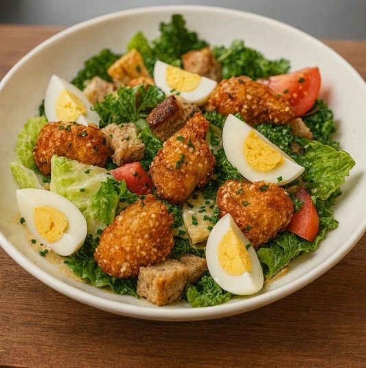 Salade composée avec oeufs et bouchées croustillantes