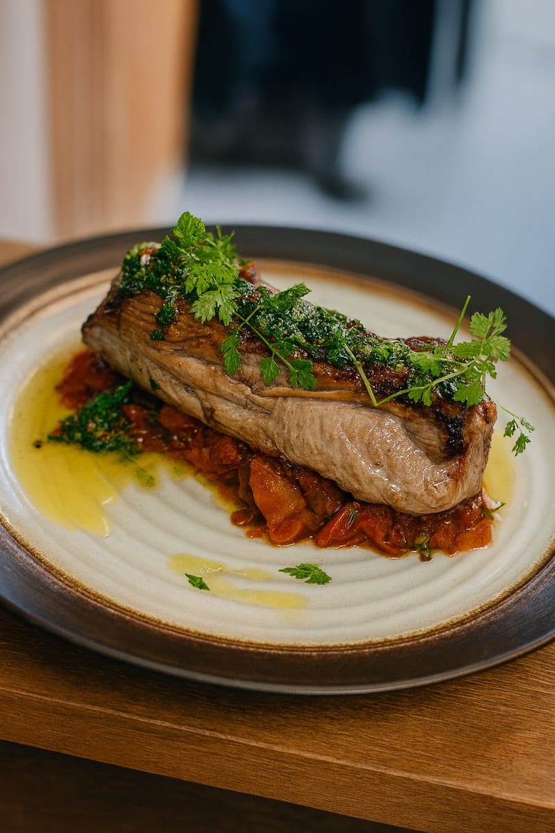 Poisson servi avec garniture et herbes fraîches
